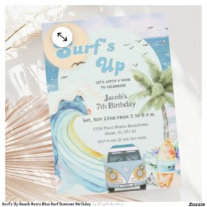 Surf's Up Beach Retro Blue Surf Summer Birthday Invitation