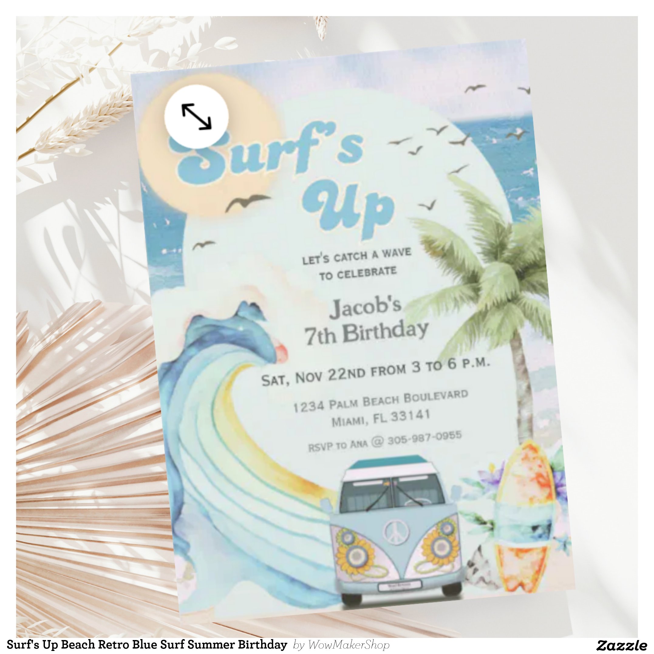 Surf's Up Beach Retro Blue Surf Summer Birthday Invitation