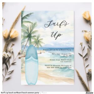 Surf's up beach surfboard beach summer party invitation