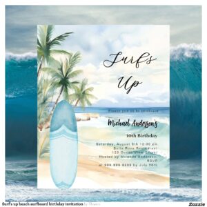 Surf's up beach surfboard birthday invitation