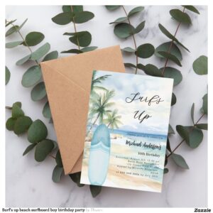Surf's up beach surfboard boy birthday party invitation