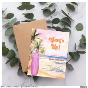 Surf's up beach surfboard girl birthday invitation