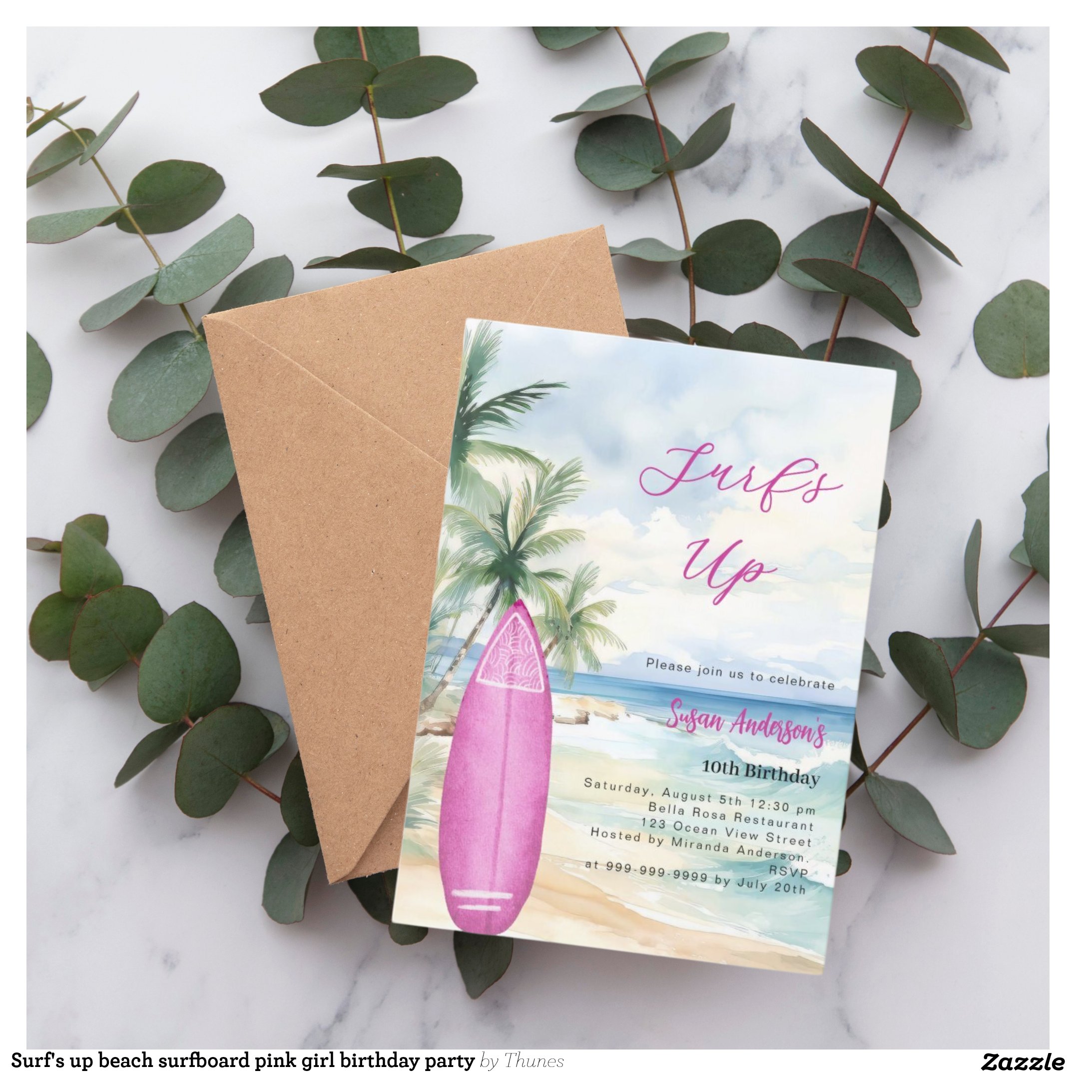Surf's up beach surfboard pink girl birthday party invitation