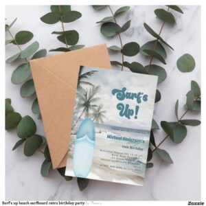 Surf's up beach surfboard retro birthday party invitation