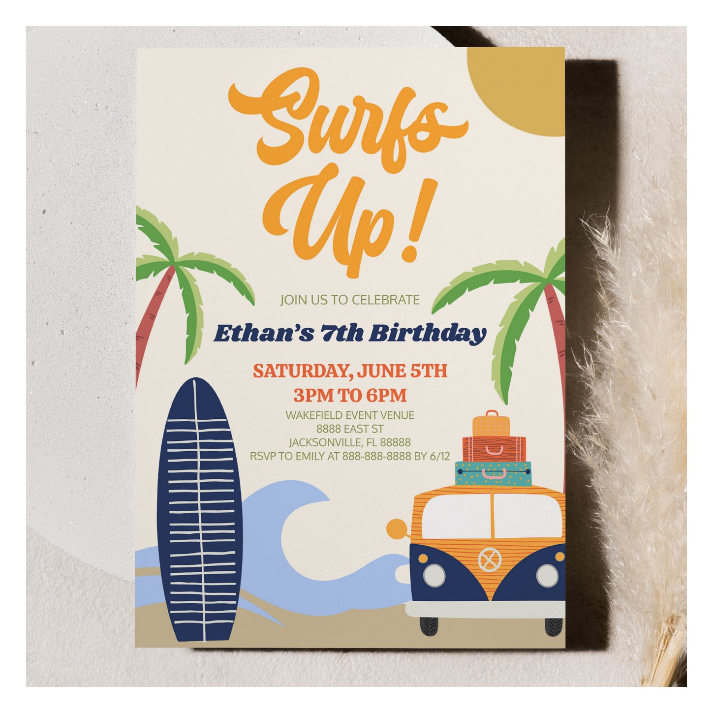 Surfs Up! Blue Beach Surf Modern Birthday Party Invitation