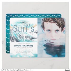 Surf's Up Blue Wave Surfing Birthday Photo Invitation