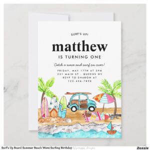 Surf's Up Board Summer Beach Wave Surfing Birthday Invitation