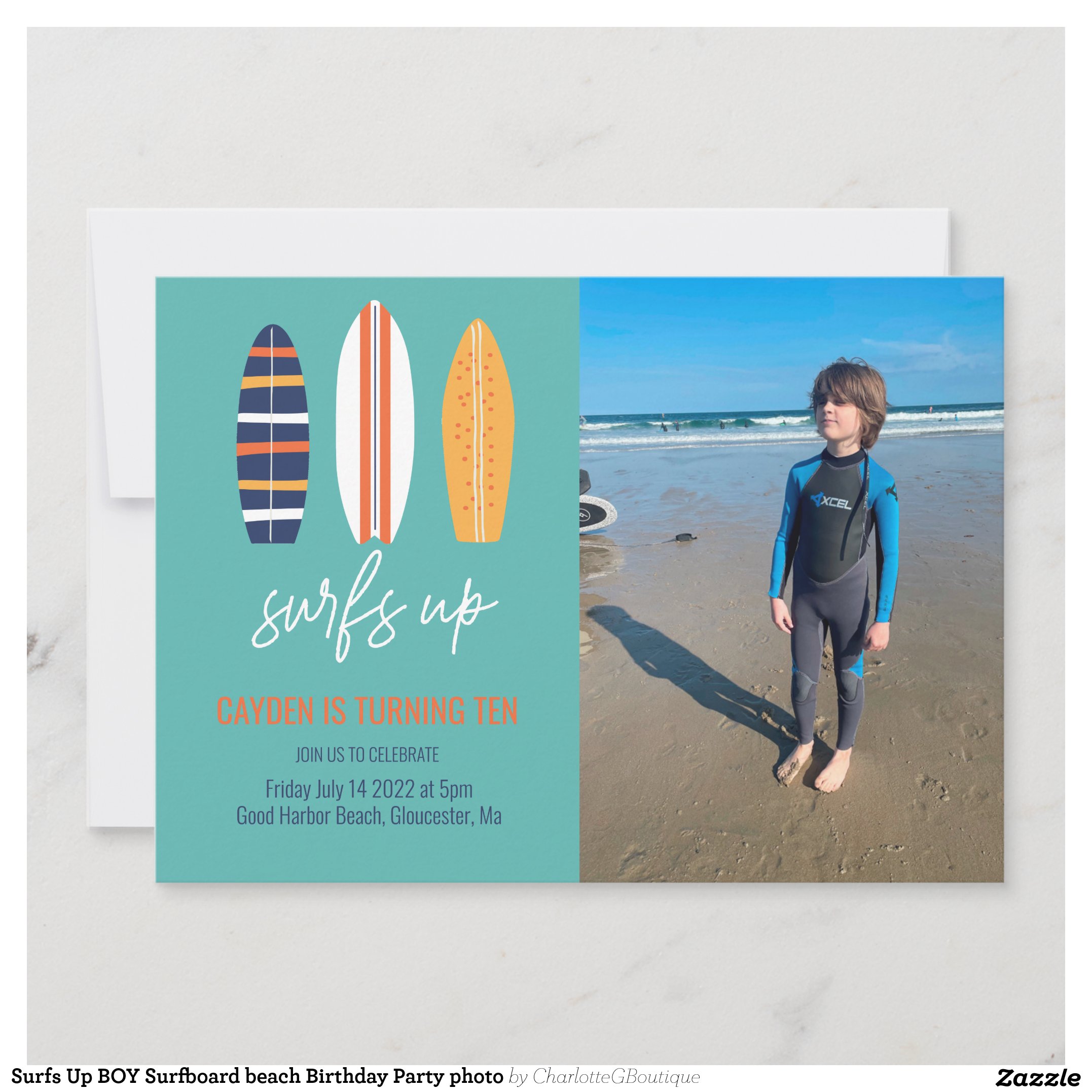 Surfs Up BOY Surfboard beach Birthday Party photo Invitation