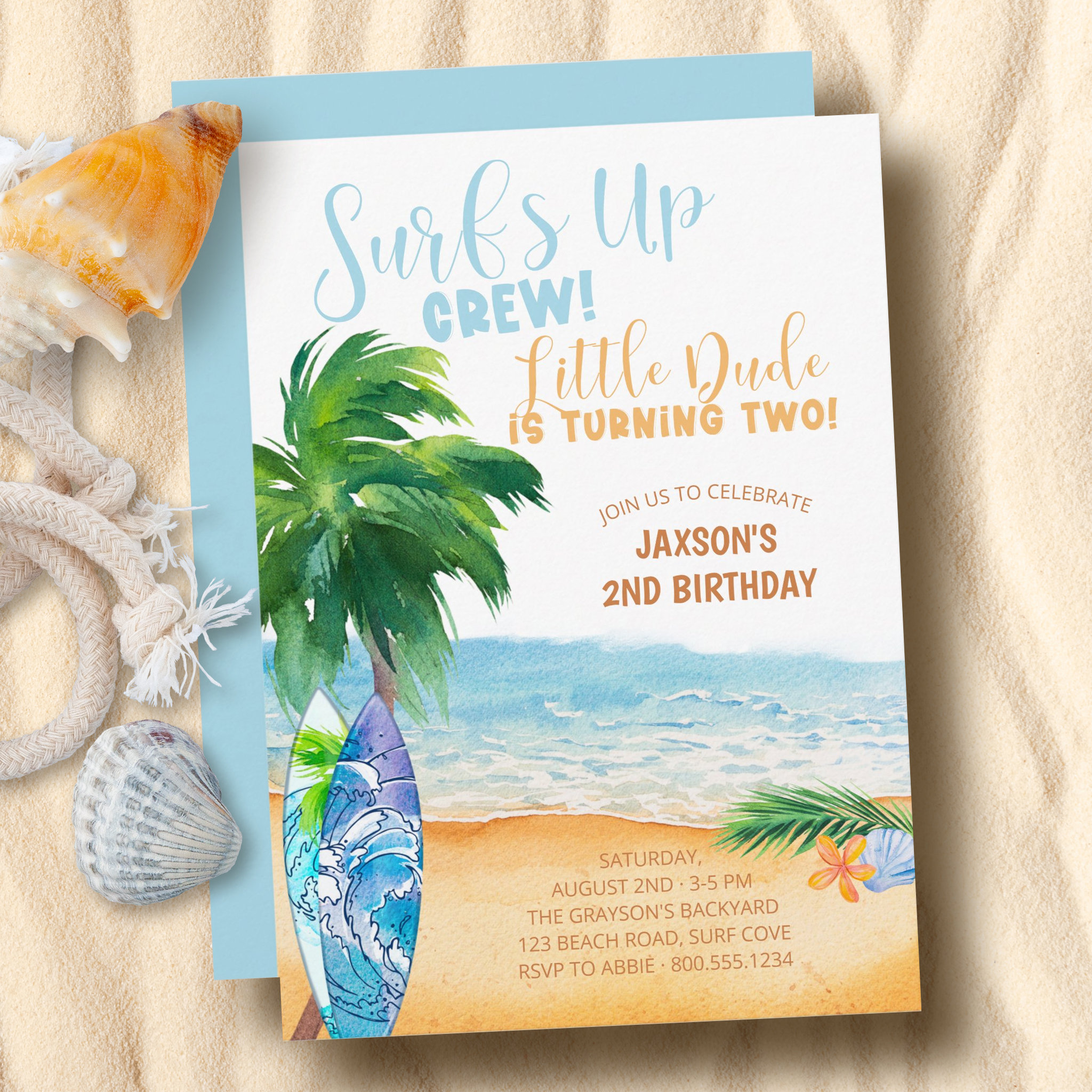 Surfs Up Crew Little Dude turning Two 2nd Birthday Invitation