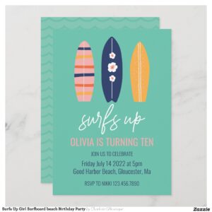 Surfs Up Girl Surfboard beach Birthday Party Invitation