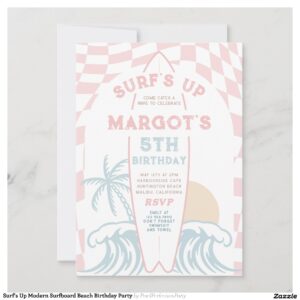 Surf's Up Modern Surfboard Beach Birthday Party Invitation