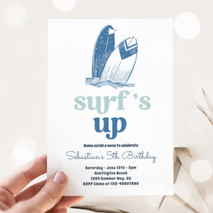 Surfs Up Modern Surfboard Beach Birthday Party Invitation