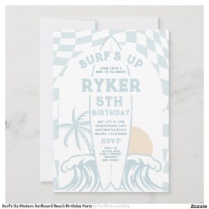 Surf's Up Modern Surfboard Beach Birthday Party Invitation