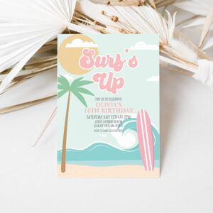 Surfs Up Pink Beach Birthday Invitation