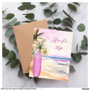 Surf's up retro beach surfboard pink birthday invitation