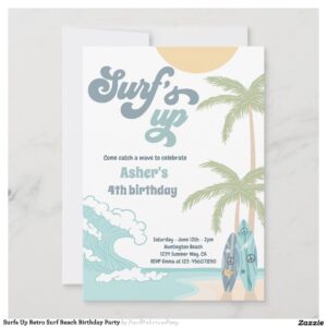 Surfs Up Retro Surf Beach Birthday Party Invitation