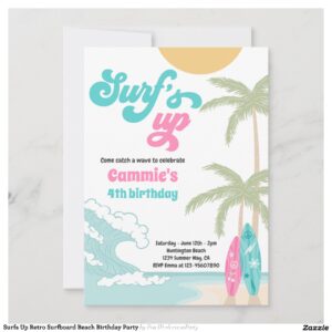 Surfs Up Retro Surfboard Beach Birthday Party Invitation