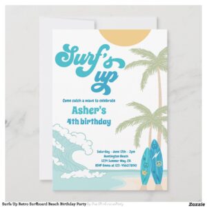 Surfs Up Retro Surfboard Beach Birthday Party Invitation