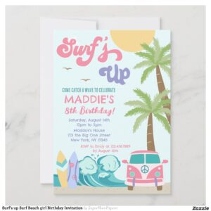 Surf's up Surf Beach girl Birthday Invitation