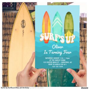Surfs Up Surfboard Boy 4th Birthday Invitation