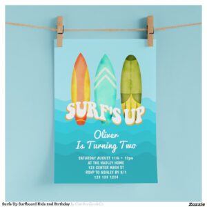 Surfs Up Surfboard Kids 2nd Birthday Invitation