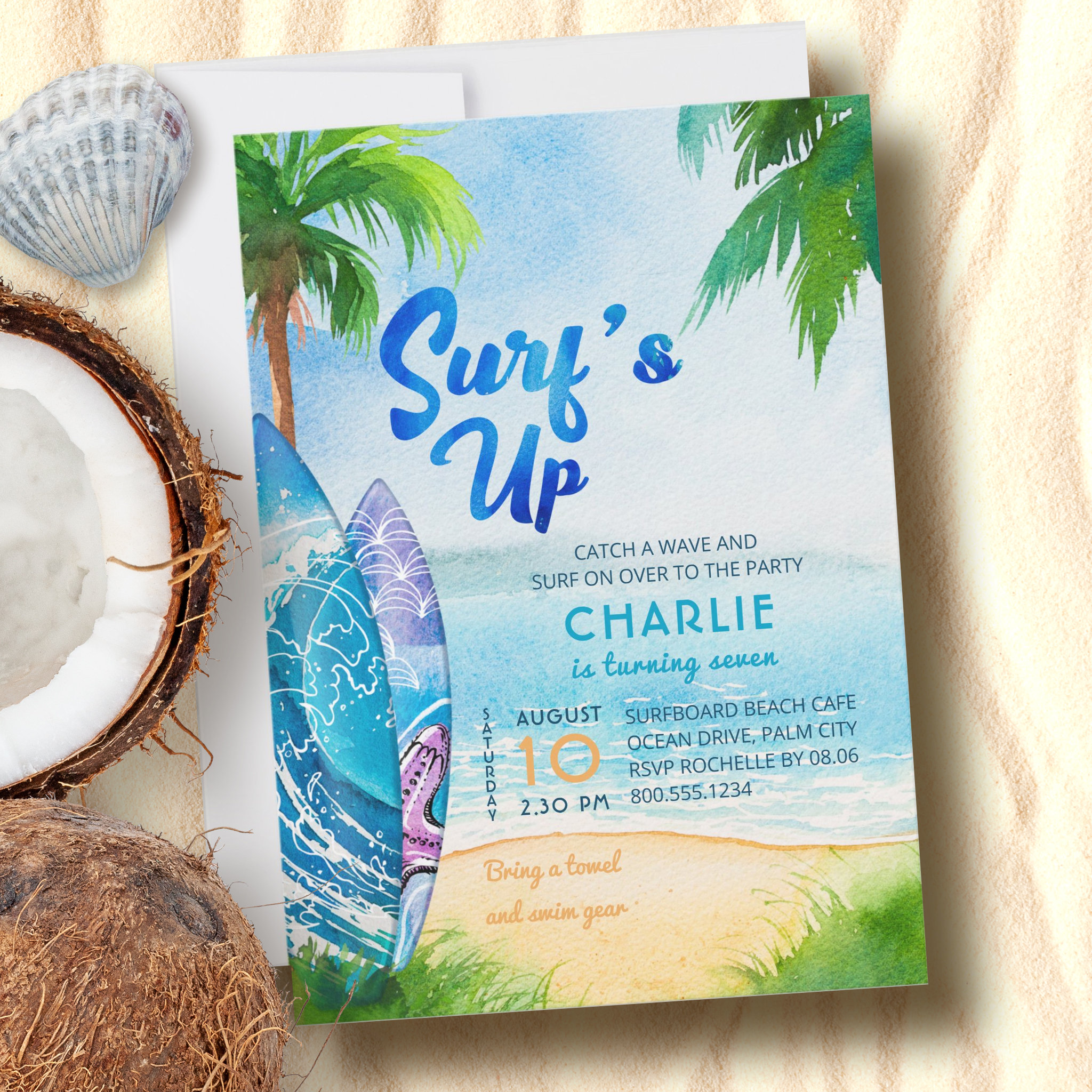 Surf's Up Surfboards on Beach Birthday Any Age Invitation