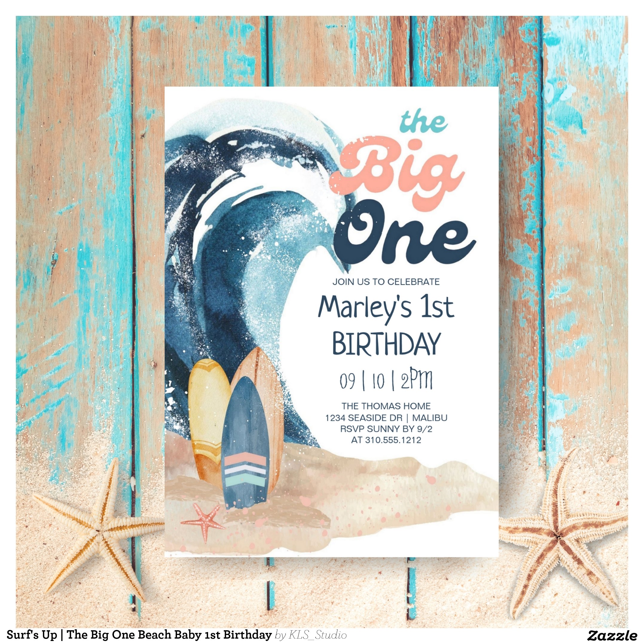 Surf's Up The Big One Beach Baby 1st Birthday Invitation