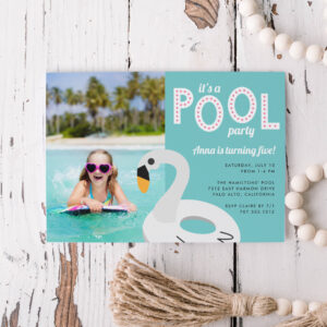 Swan Pool Float Photo Kids Birthday Party Invitation