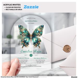 Sweet15 Butterflies QUINCEANERA Teal Gold Diamond Acrylic Invitations