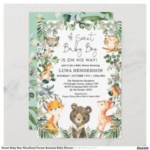 Sweet Baby Boy Woodland Forest Animals Baby Shower Invitation