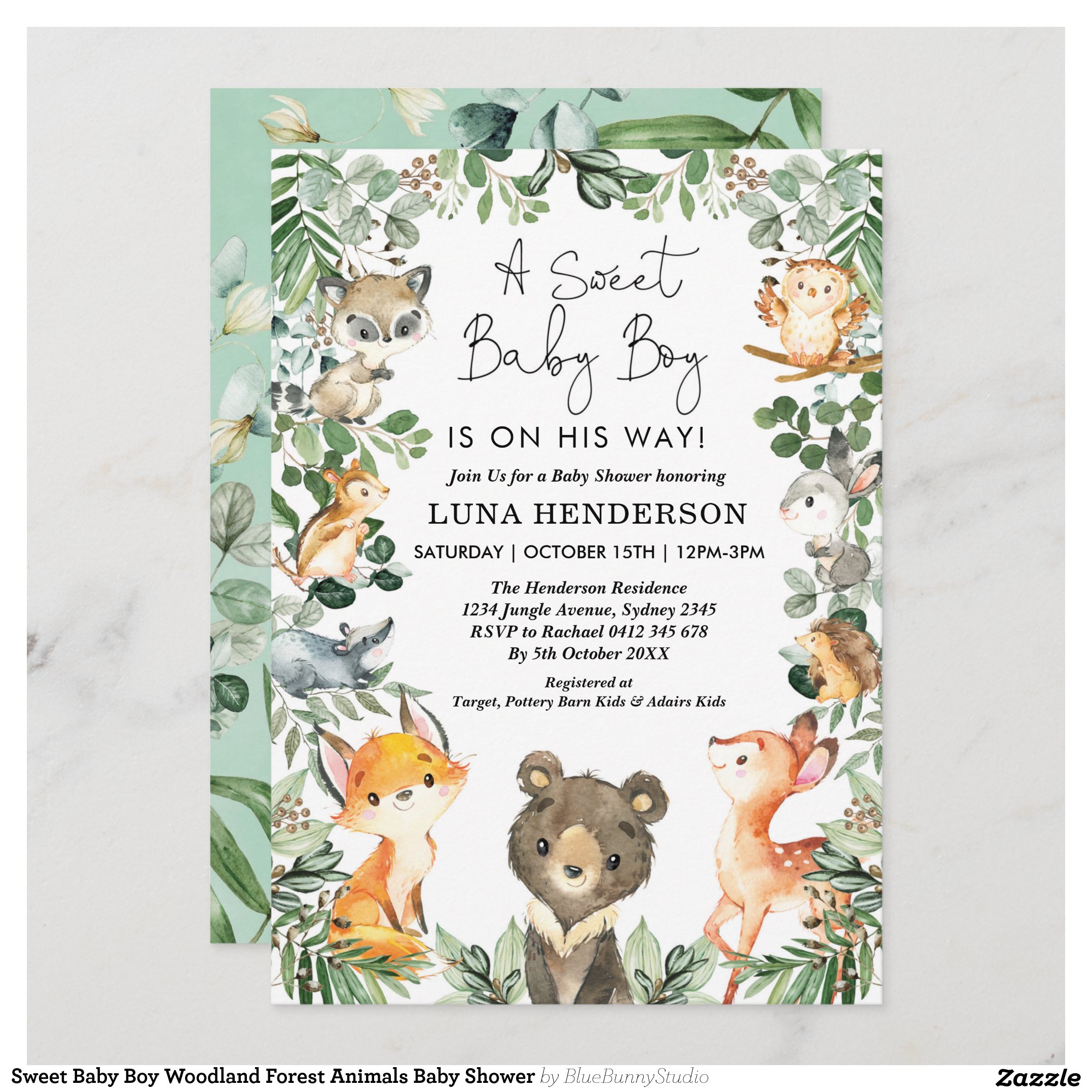 Sweet Baby Boy Woodland Forest Animals Baby Shower Invitation