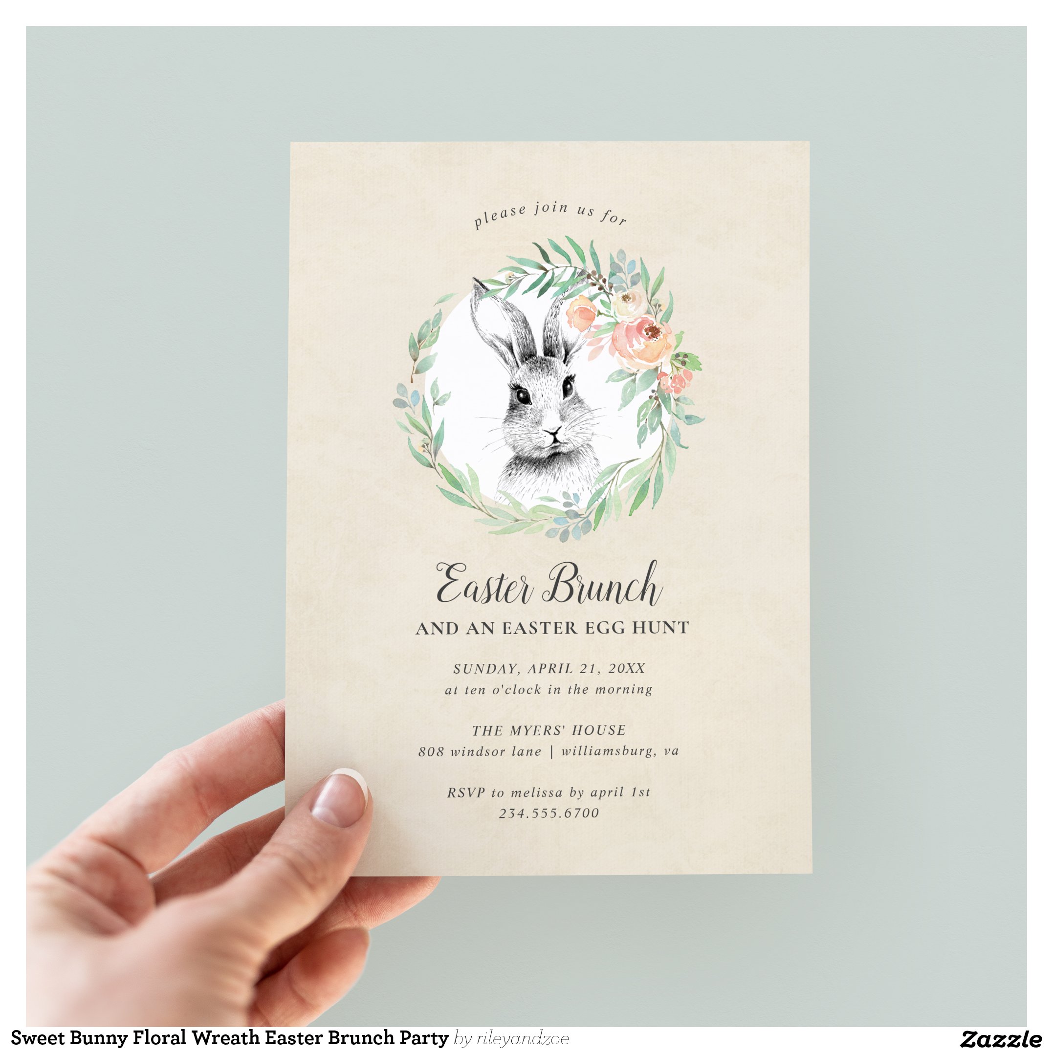 Sweet Bunny Floral Wreath Easter Brunch Party Invitation