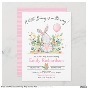 Sweet Girl Watercolor Bunny Baby Shower Pink Invitation