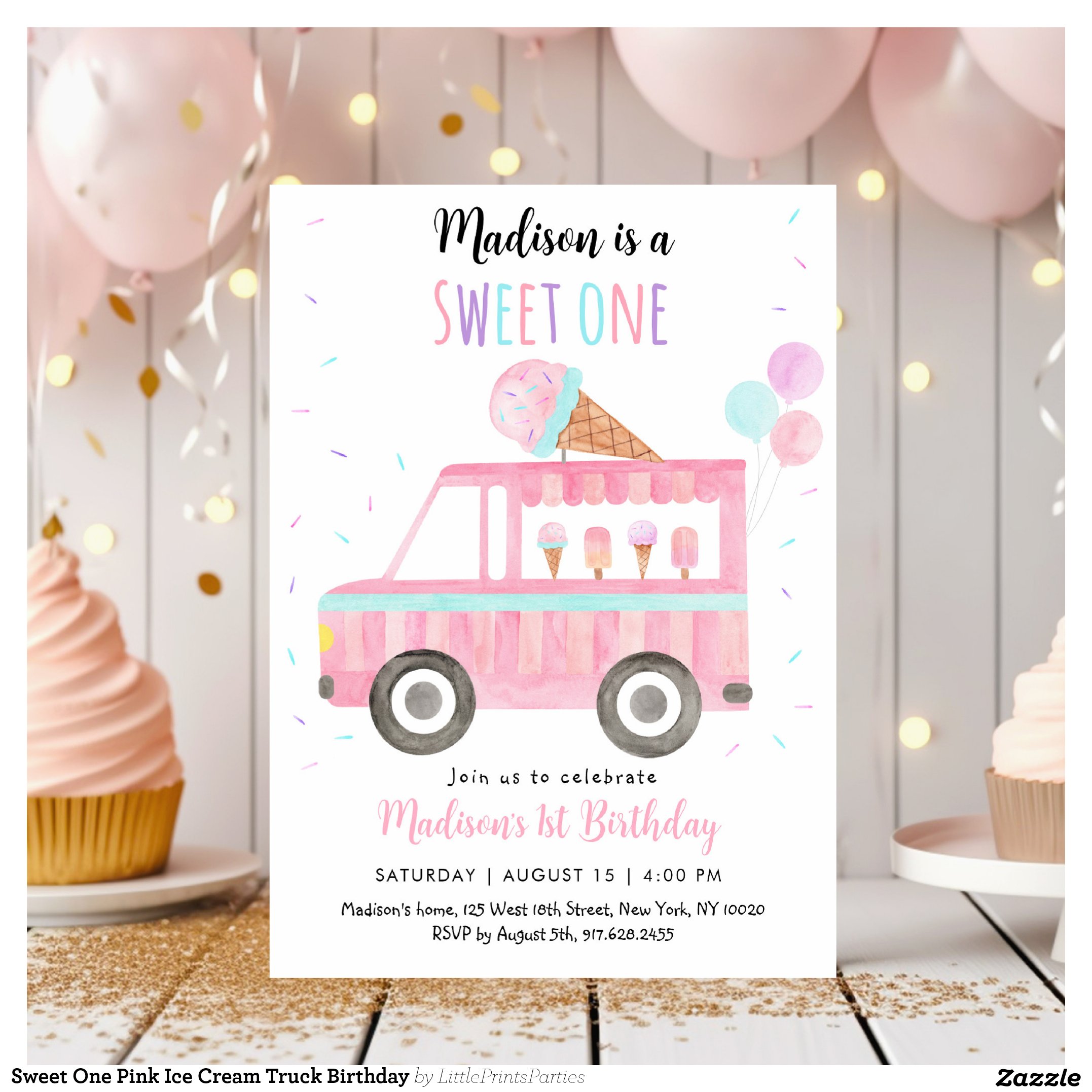 Sweet One Pink Ice Cream Truck Birthday Invitation