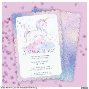 Sweet Rainbow Unicorn Glittery Girls Birthday Invitation