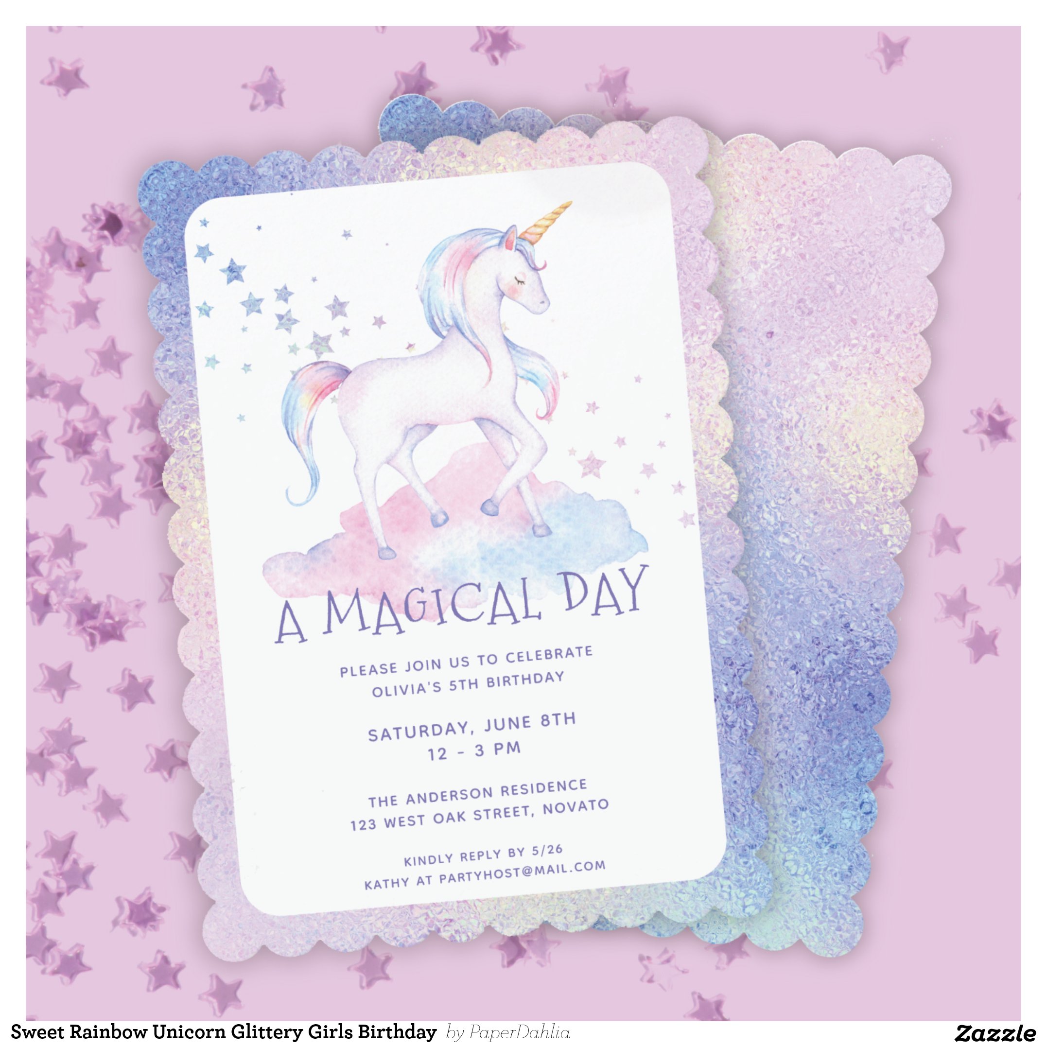 Sweet Rainbow Unicorn Glittery Girls Birthday Invitation
