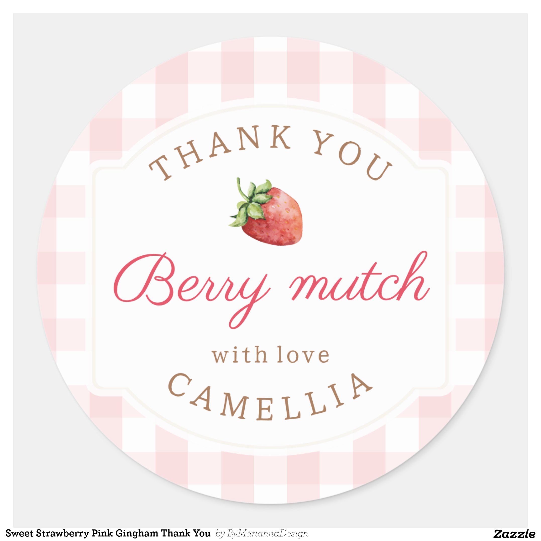 Sweet Strawberry Pink Gingham Thank You Classic Round Sticker