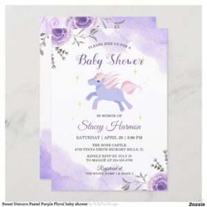 Sweet Unicorn Pastel Purple Floral baby shower Invitation