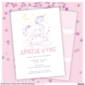 Sweet Unicorn Watercolor Pink Kids Birthday Invitation