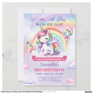 Sweet Unicorn Watercolor Pink Kids third Birthday Invitation
