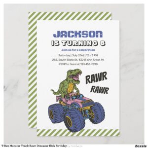 T-Rex Monster Truck Rawr Dinosaur Kids Birthday Invitation