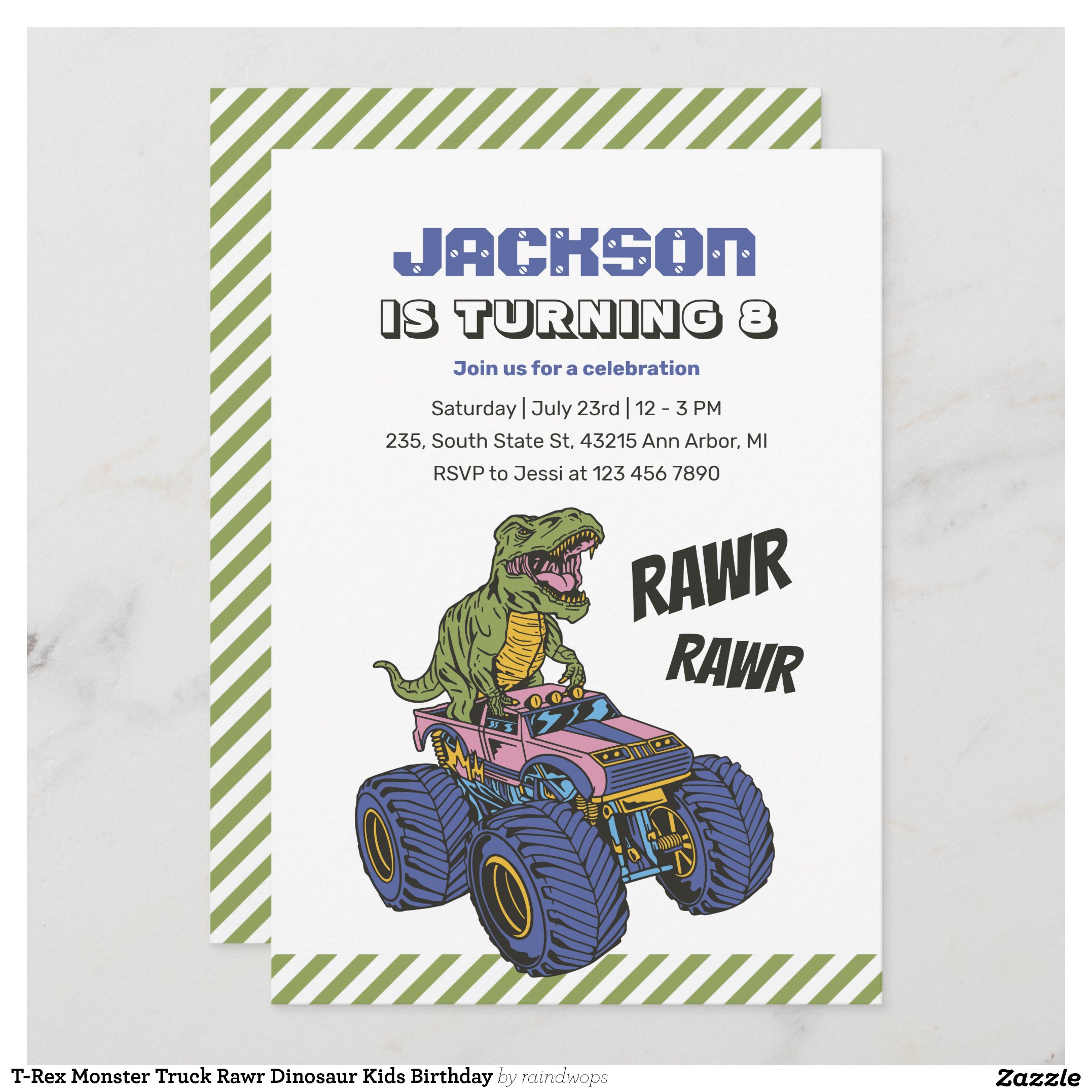 T-Rex Monster Truck Rawr Dinosaur Kids Birthday Invitation