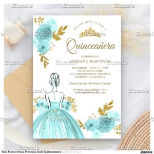 Teal Floral Dress Princess Gold Quinceanera Invitation