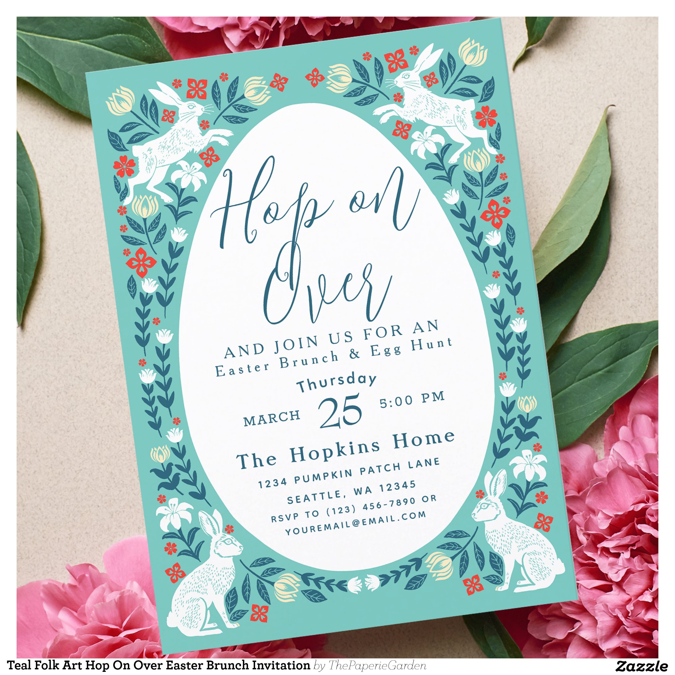 Teal Folk Art Hop On Over Easter Brunch Invitation