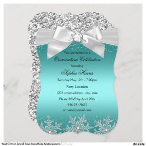 Teal Glitter Jewel Bow Snowflake Quinceanera Invitation