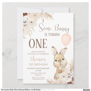 Terracotta Boho Floral Bunny Balloon 1st Birthday Invitation