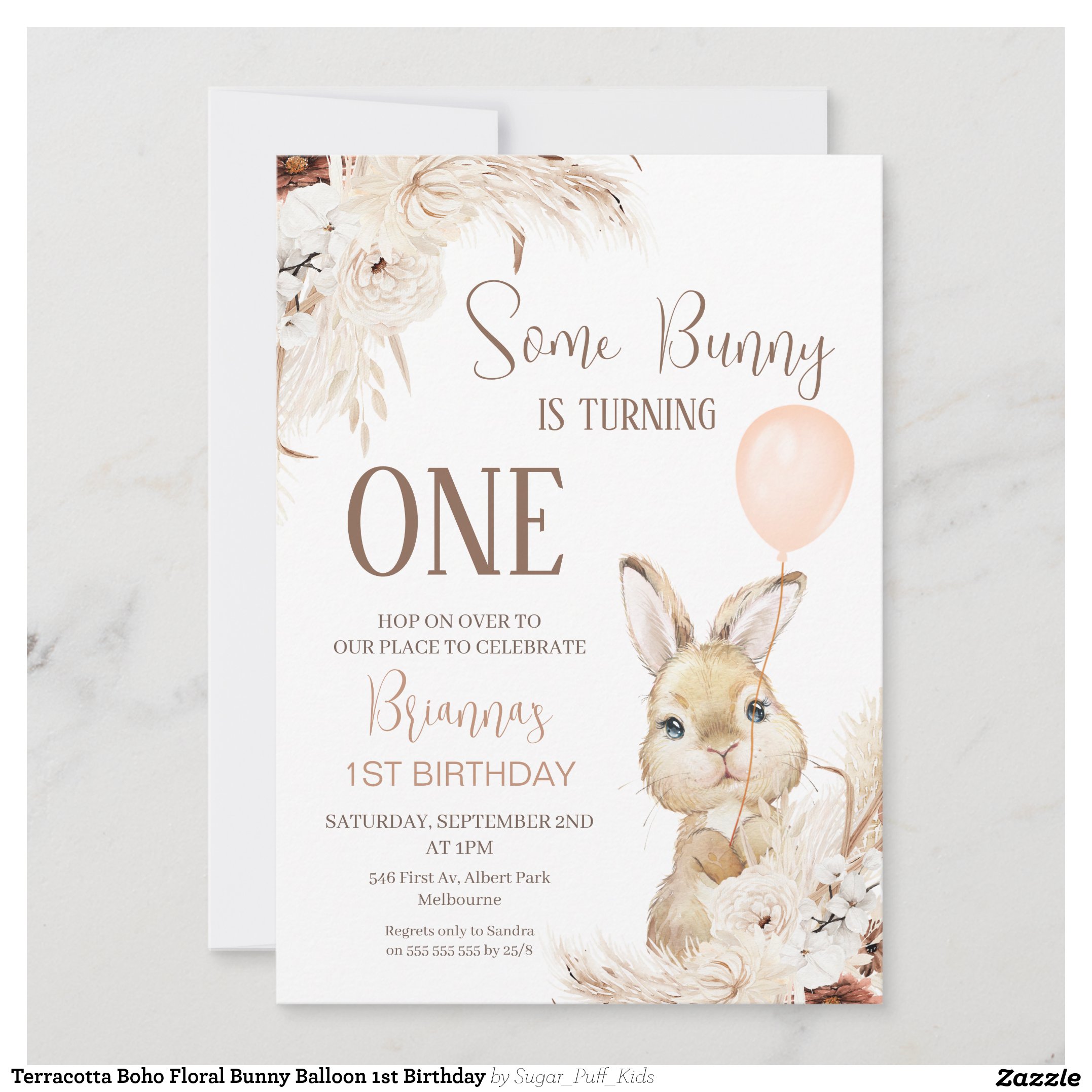 Terracotta Boho Floral Bunny Balloon 1st Birthday Invitation