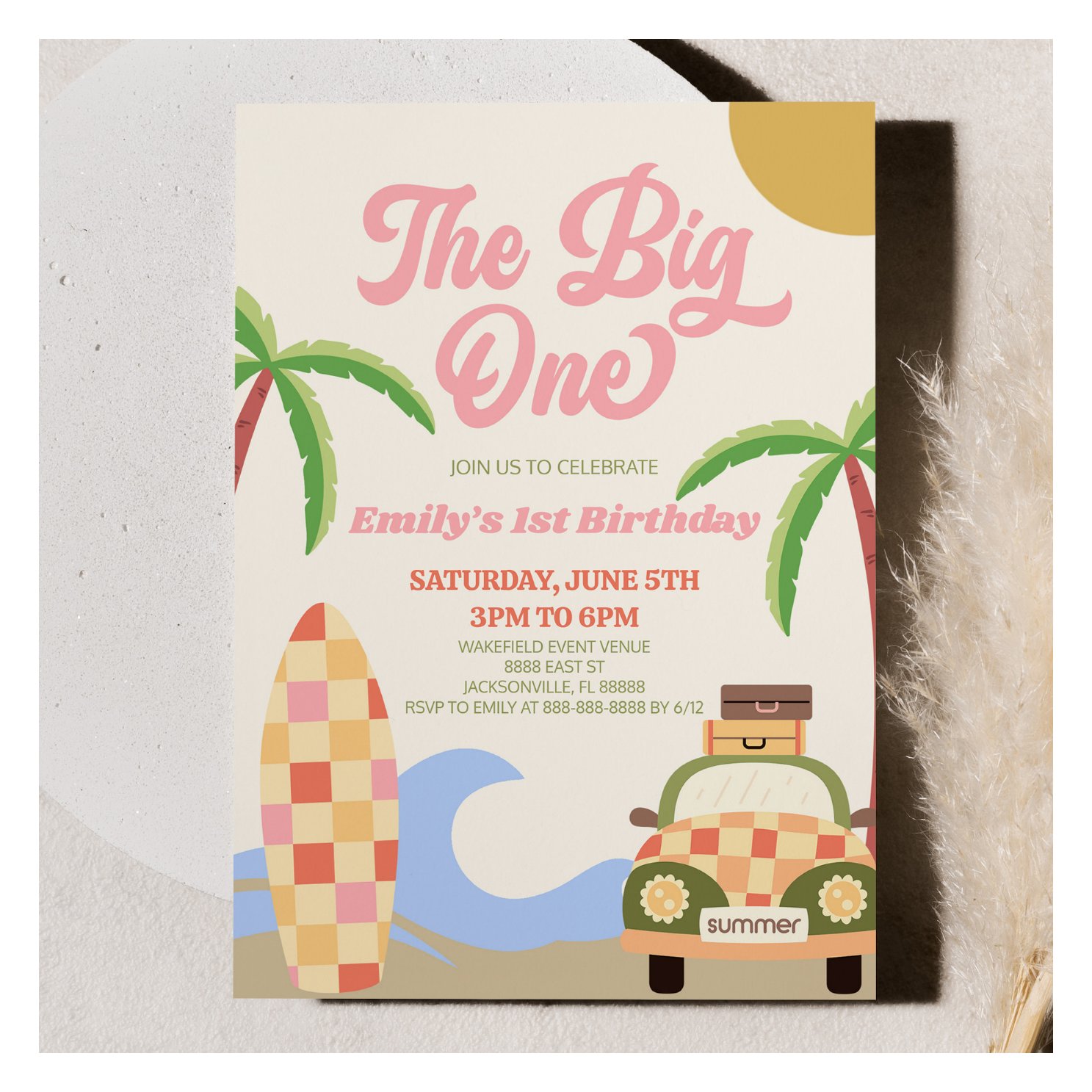 The Big One Beach Surf Pink 1st Birthday Party Invitation