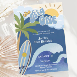 The Big One Blue Retro Surfing First Birthday Invitation
