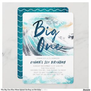 The Big One Blue Wave Splash Surfing 1st Birthday Invitation